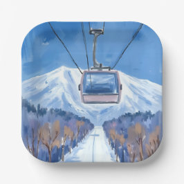Prato De Papel Gôndola de Esqui Montanha de Neve Aquarela