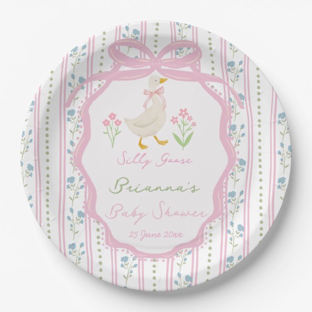 Prato De Papel Goose nursery rhymes pink girls baby shower custom (Frente)