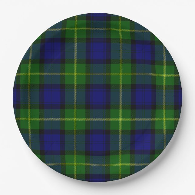 Prato De Papel Gordon Tartan xadrez verde azul (Frente)