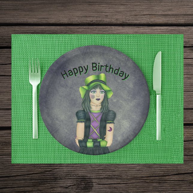 Prato De Papel Goth Girl Green Hair Tattoos Dark Grey Birthday (Pretty Goth girl green hair hat tattoos on grey glowing green Happy birthday paper party plates.)