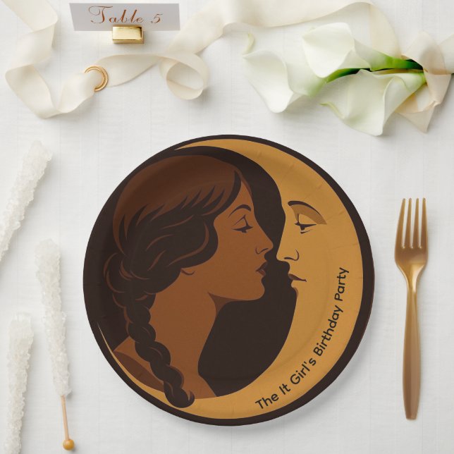 Prato De Papel Gothic Art Deco Girl and Crescent Moon editable (Casamento)