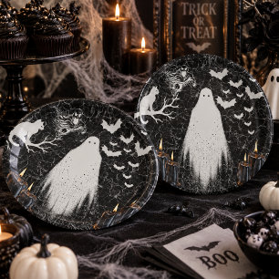 Prato De Papel Gótico Preto Branco Fantasma Halloween