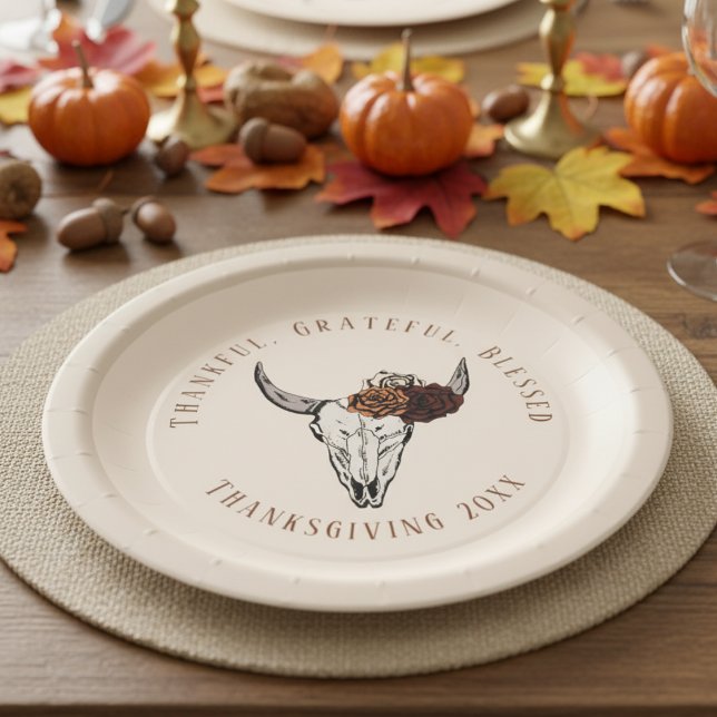 Prato De Papel Graças Grata, abençoada Ação de Graças do Ocidente (Elegant Country Gothic Fall Floral Cow Skull Thanksgiving Paper Plates. Thankful Grateful Blessed)