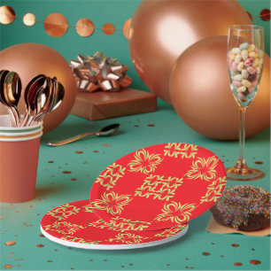 Prato De Papel Grade floral festiva em vermelho e dourado