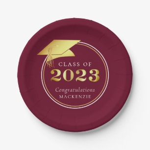 Prato De Papel Graduação 2023 Cor Dourada ou Personalizada Maroon