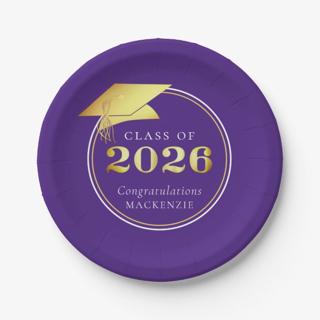 Prato De Papel Graduação 2025 Faux Metálico Roxo Dourado (Frente)