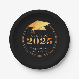 Prato De Papel Graduação 2025 Faux Preto Metálico Dourado