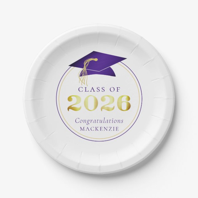 Prato De Papel Graduação 2025 Faux Roxo Metálico Dourado (Frente)