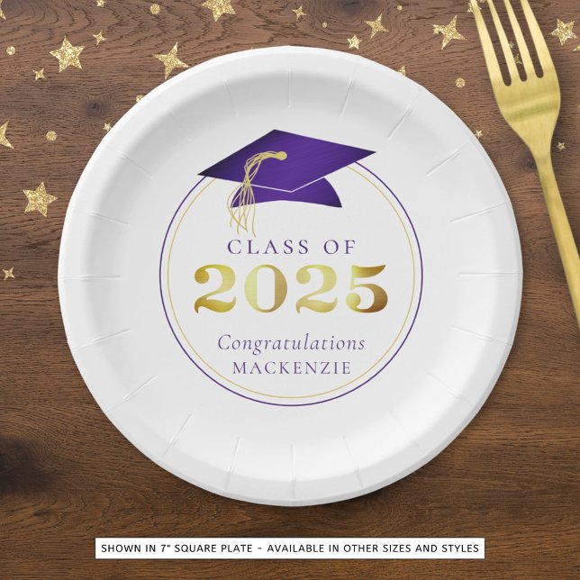 Prato De Papel Graduação 2025 Faux Roxo Metálico Dourado (Criador carregado)