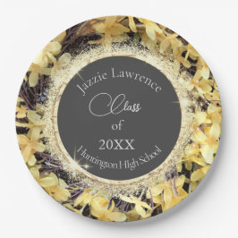 Prato De Papel Graduação da Gliteria Floral Amarela Personalizada