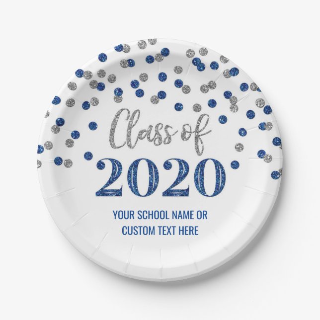 Prato De Papel Graduação de Confetti Azul Prata 2020 (Frente)