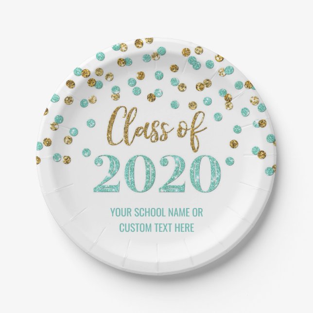 Prato De Papel Graduação de Confetti Dourada em Teal 2020 (Frente)