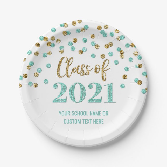 Prato De Papel Graduação de Confetti Dourada em Teal 2021 (Frente)