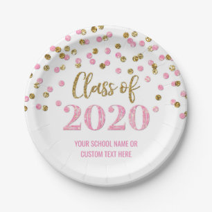 Prato De Papel Graduação de Confetti Dourada Rosa 2020