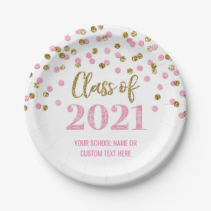 Prato De Papel Graduação de Confetti Dourada Rosa 2021