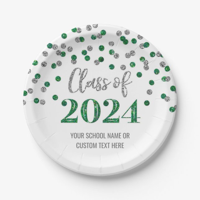 Prato De Papel Graduação de Confetti Silver Verde 2024 (Frente)