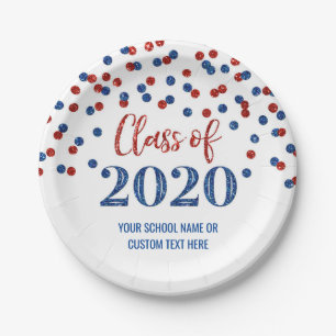 Prato De Papel Graduação de Confetti Vermelho Azul 2020