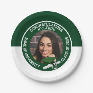 Prato De Papel Graduação de Fotos de Boné Verde e Branco e Diplom