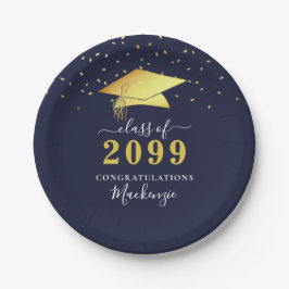 Prato De Papel Graduação de Script Confetti Azul Dourado Elegante