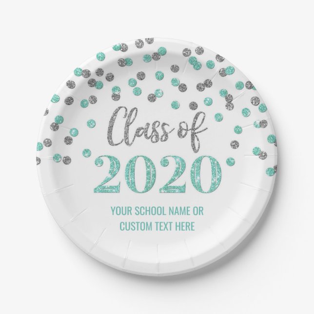 Prato De Papel Graduação de Teal Silver Confetti 2020 (Frente)
