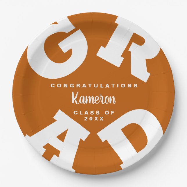 Prato De Papel Graduação de Texto em Laranja e Branco Queimado (Frente)