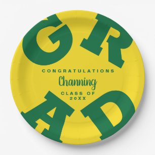 Prato De Papel Graduação de Texto Verde em Formando Amarelo