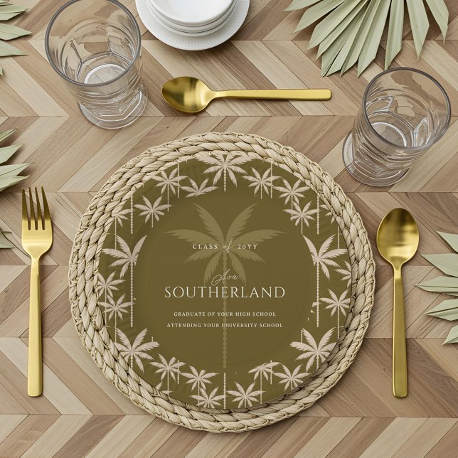 Prato De Papel Graduação do padrão de árvore palmó tropical Boho  (Boho Retro Tropical Palm Tree Pattern Graduation Paper Plates)