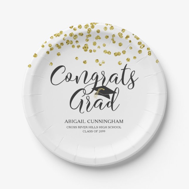 Prato De Papel Graduação Dourada Confetti CONGRATS FORMANDO Perso (Frente)