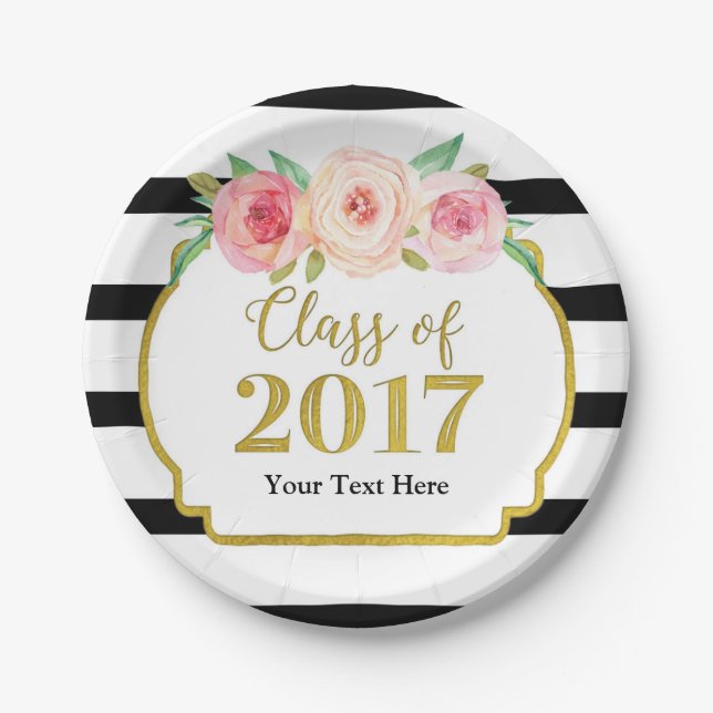 Prato De Papel Graduação Dourado floral 2017 da aguarela (Frente)