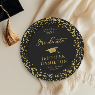 Prato De Papel Graduação Elegante Dourada Confetes Em Preto Gradu