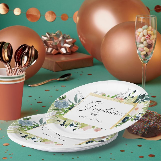 Prato De Papel Graduação Floral Blush Azul-Meia-Noite