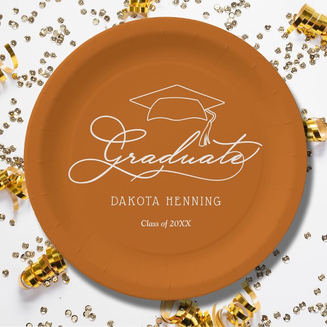 Prato De Papel Graduação Laranja Queimada do Boné de Formando de  (White script grad cap on burnt orange personalized graduation paper plates, napkins in our store)