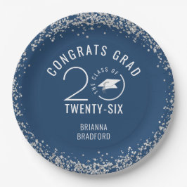 Prato De Papel Graduação Moderna Azul com Brilho Prateado Falso
