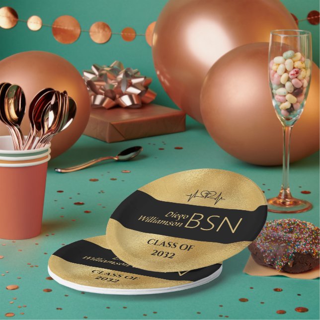 Prato De Papel Graduação NURSE BSN NPN Nome Negra Faux Dourado (Múltiplo)