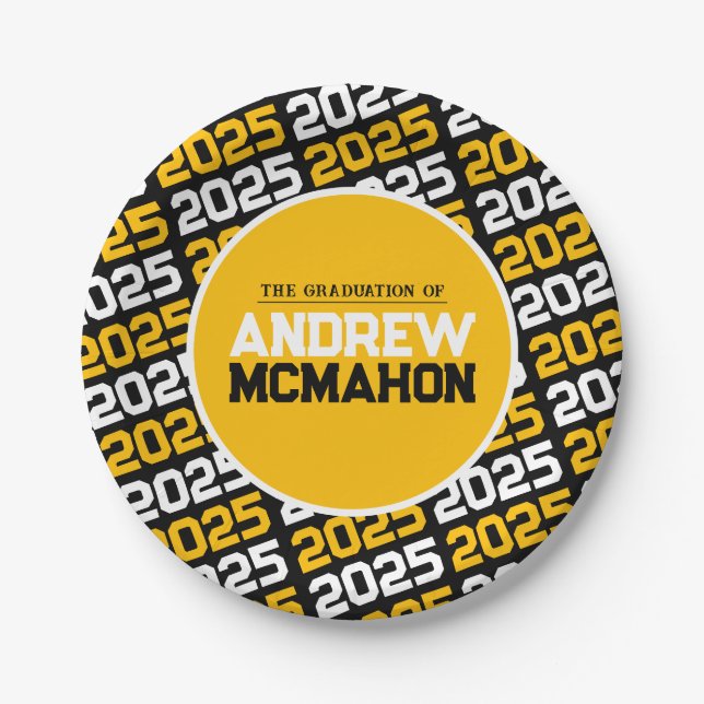 Prato De Papel Graduação Personalizada Amarela Preta e Ouro (Frente)