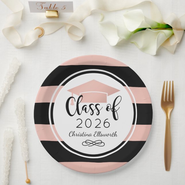 Prato De Papel Graduação Personalizada de Stripes Negras Douradas (Casamento)