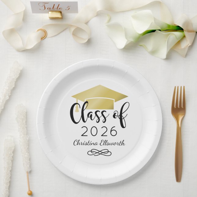 Prato De Papel Graduação Personalizada Dourada 2025 de Script Mod (Casamento)