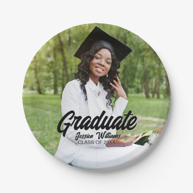 Prato De Papel Graduate Photo Bold Black Script Graduation Party (Frente)