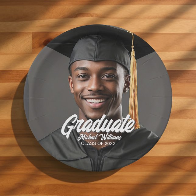 Prato De Papel Graduate Photo Bold Script Graduation Party (Criador carregado)