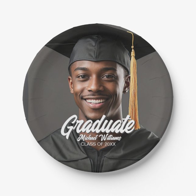 Prato De Papel Graduate Photo Bold Script Graduation Party (Frente)