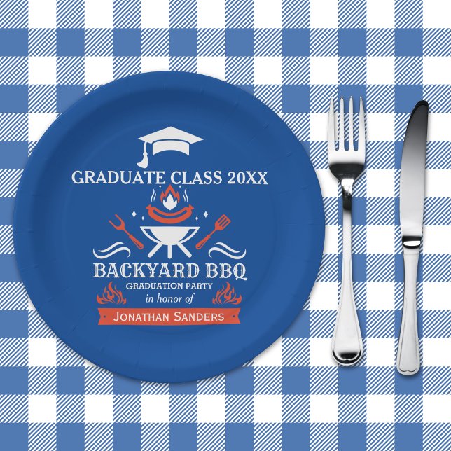 Prato De Papel Graduation BBQ Party Backyard Blue (Criador carregado)
