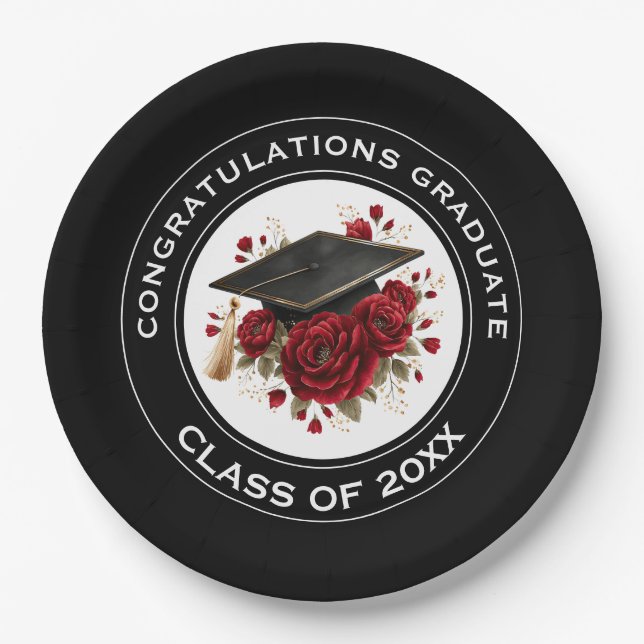 Prato De Papel Graduation Cap & Red Roses Class of 20XX  (Frente)