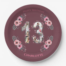 Prato De Papel Grande 13 de Aniversário Foto Collage Girl Pink Fl