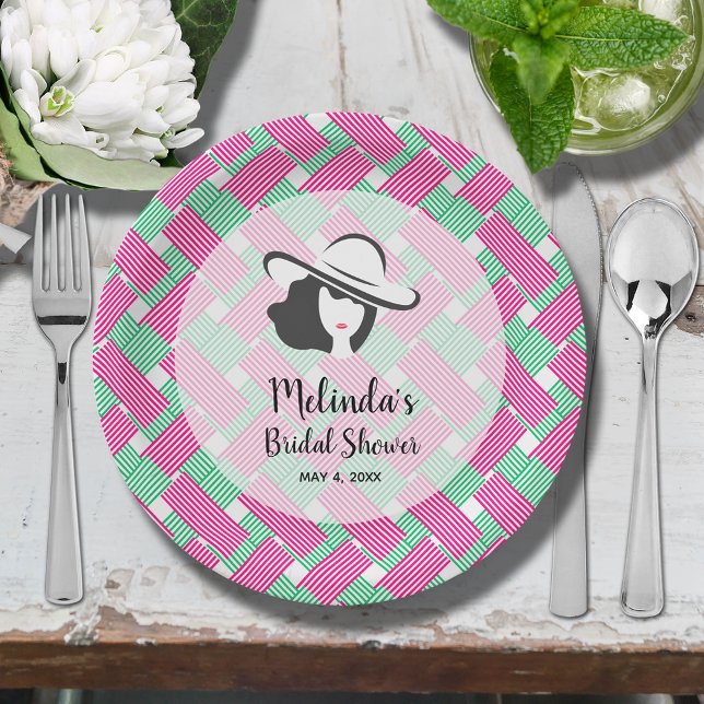 Prato De Papel Grande Chá de panela Derby do Chapéu (Big Derby hat lady on hot pink and green diagonal stripes bridal shower paper plates)