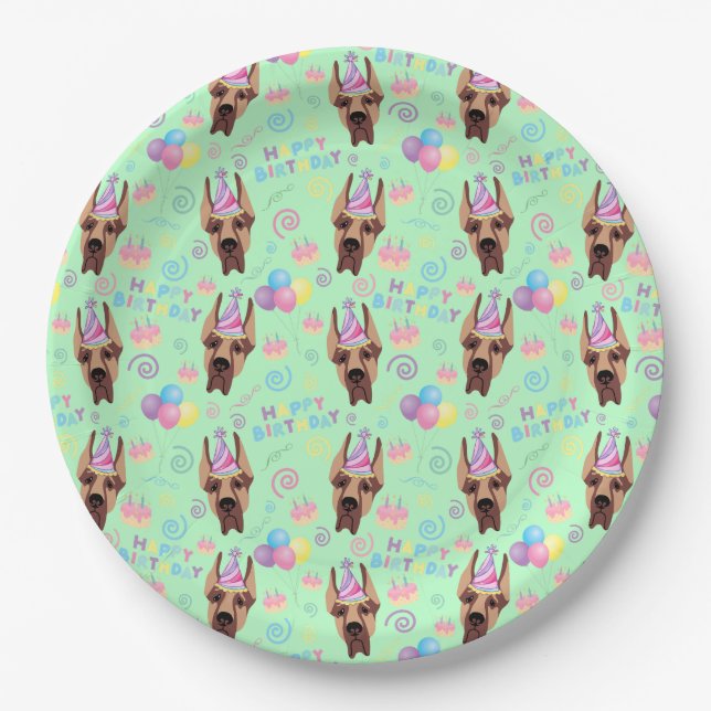Prato De Papel Great Dane Birthday Party Paper Plates Green (Frente)