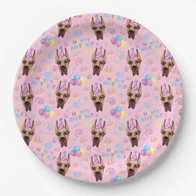 Prato De Papel Great Dane Birthday Party Paper Plates Pink (Frente)