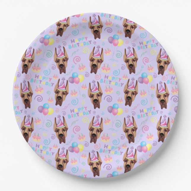 Prato De Papel Great Dane Birthday Party Paper Plates Purple (Frente)