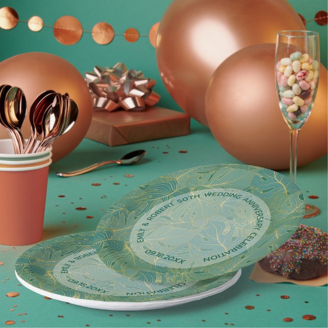 Prato De Papel Green and gold palm leaves pattern (Múltiplo)