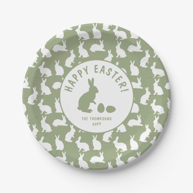 Prato De Papel Green And White Bunny Pattern Happy Easter (Frente)