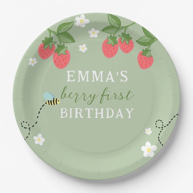 Prato De Papel Green Berry First Pink Strawberry and Flowers (Frente)